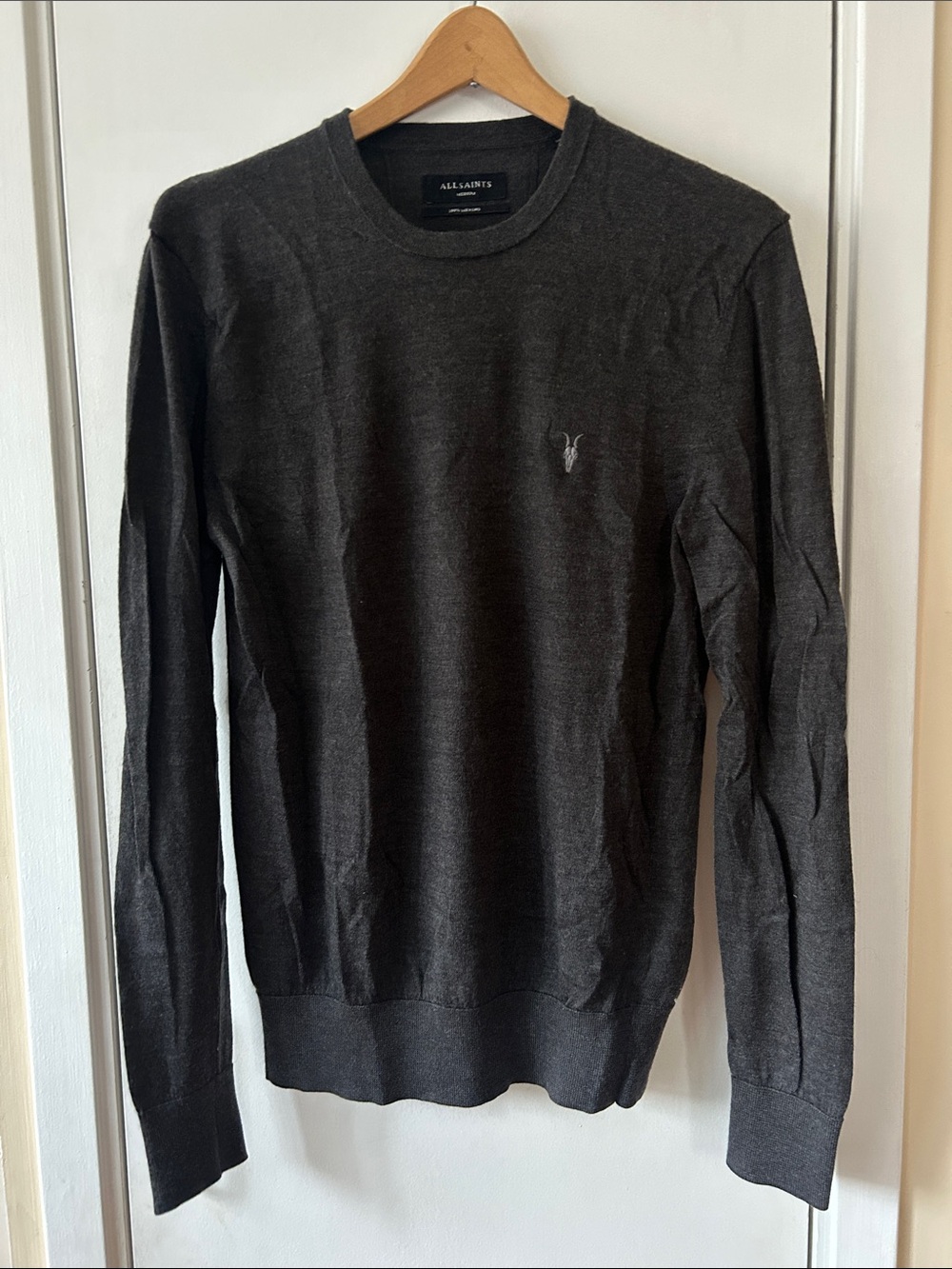 All Saints Men's Charcoal Gray Crewneck light Merino Wool Sweater M